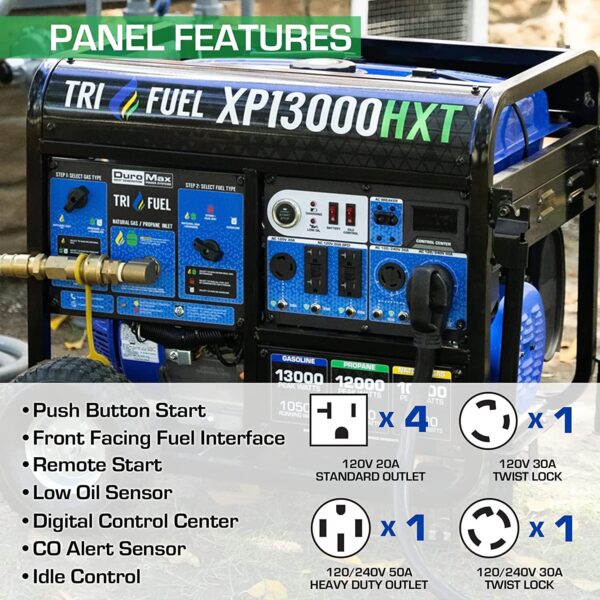 DuroMax XP13000HXT 13,000-Watt 500cc Tri Fuel Gas Propane Natural Gas Portable Generator with CO Alert - Image 3